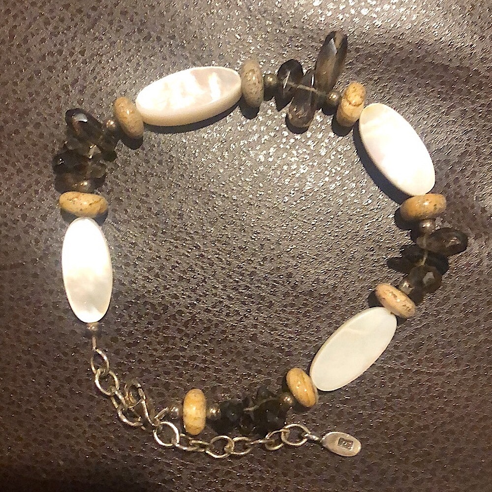 BARSE Mother of Pearl Smokey Topaz Sterling Silver Adjustable Vintage Bracelet